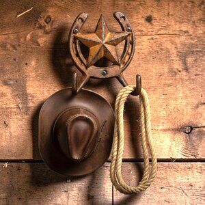 Vintage Rustic Iron Lucky Horseshoe Wall Coat Double Hooks Texas Star